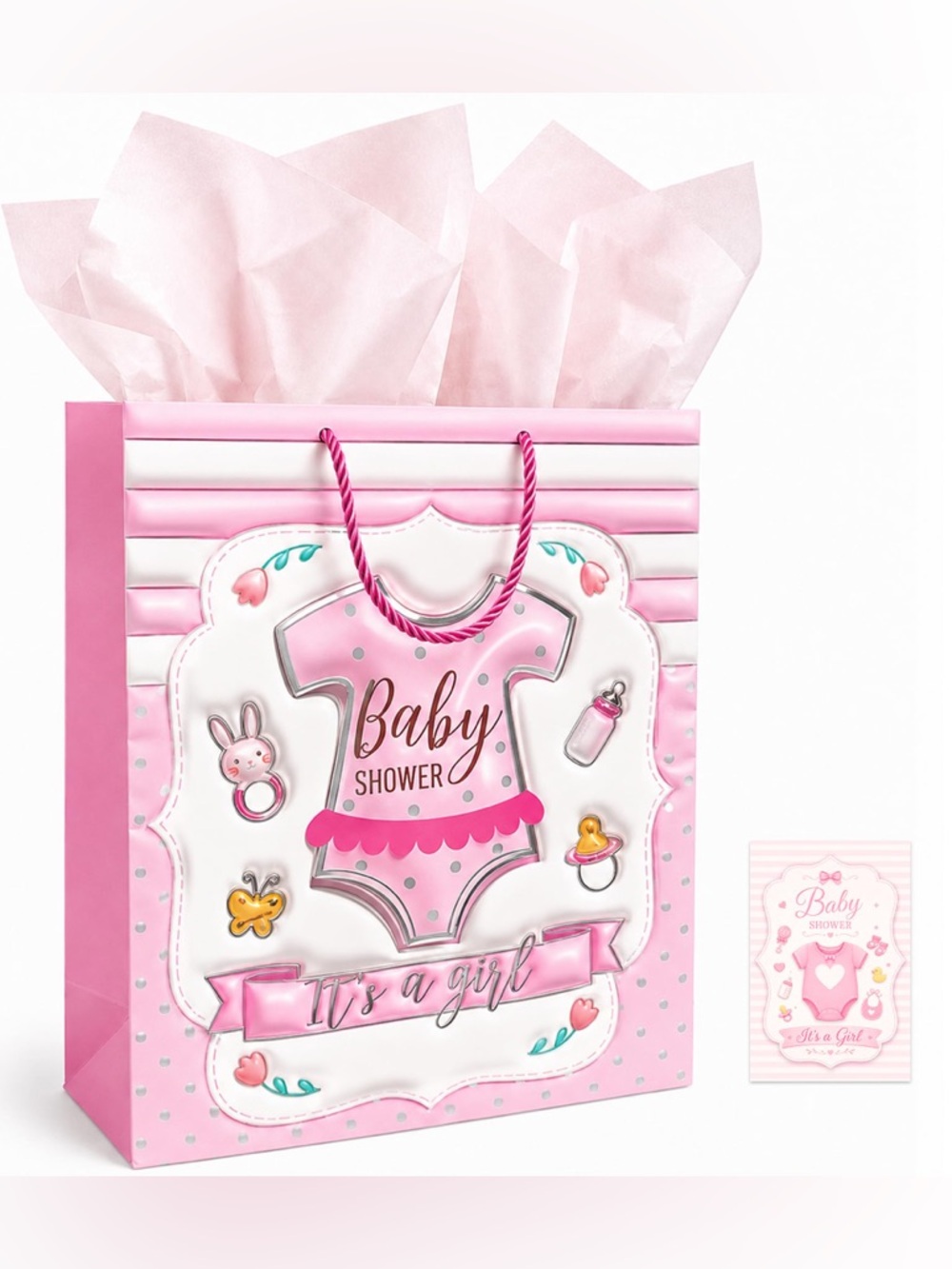 Baby Girl Foil Onesie Gift Bag – Pink Design with Tissue & Card
